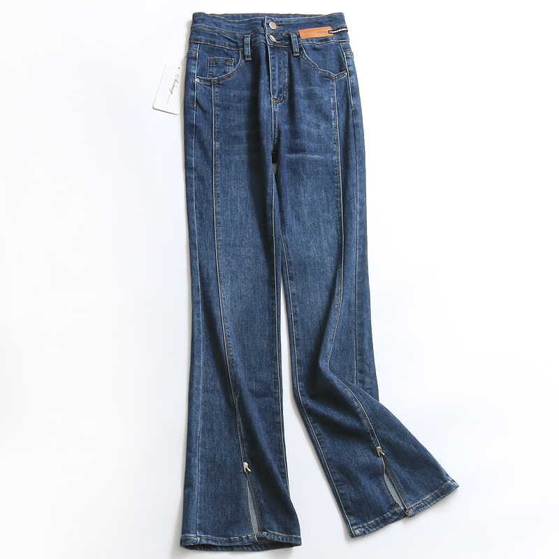 s821纯色高腰两粒扣弹力开叉裤脚微喇裤新款百搭时尚女裤牛仔裤长