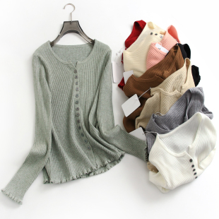 纯色罗纹显瘦半开领单排扣开衫上衣秋冬款木耳边长袖针织衫女D600