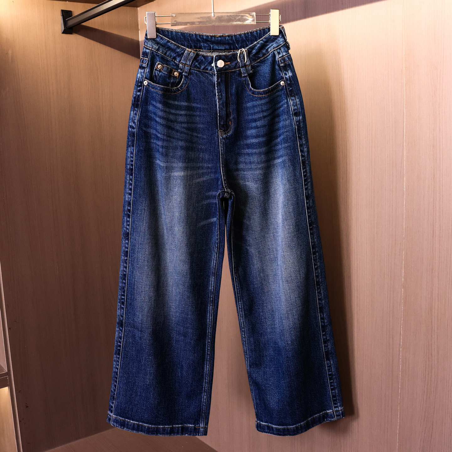 复古蓝色高腰宽松显瘦女牛仔裤