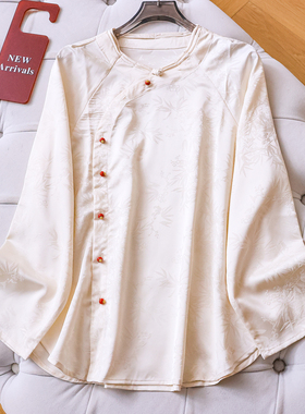 新中式国风竹纹提花斜襟纽扣缎面垂感宽松长袖通勤休闲女衬衫E467