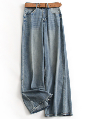 配腰带复古做旧磨白高腰宽松阔腿裤垂感直筒裤百搭女裤牛仔裤J685