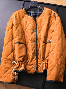 「两面穿」纯色抽褶收腰菱格绗缝圆领长袖保暖外套女棉衣棉服M461