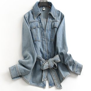 女牛仔外套K236 长袖 做旧水洗斜纹高腰系带显瘦修身 翻领2025春新款