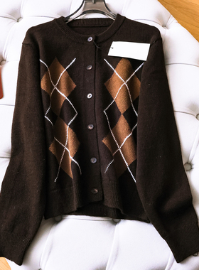 撞色菱格圆领单排扣长袖针织开衫外套2025秋冬新款长袖女毛衣M916