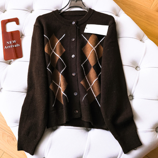 长袖 外套2025秋冬新款 女毛衣M916 针织开衫 撞色菱格圆领单排扣长袖