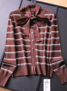 绵羊毛混纺撞色条纹挂脖蝴蝶结飘带长袖毛衣减龄百搭女针织衫N903