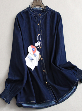 纯色宽松显瘦褶皱花边圆领2025春季新款长袖休闲女装牛仔衬衫K542