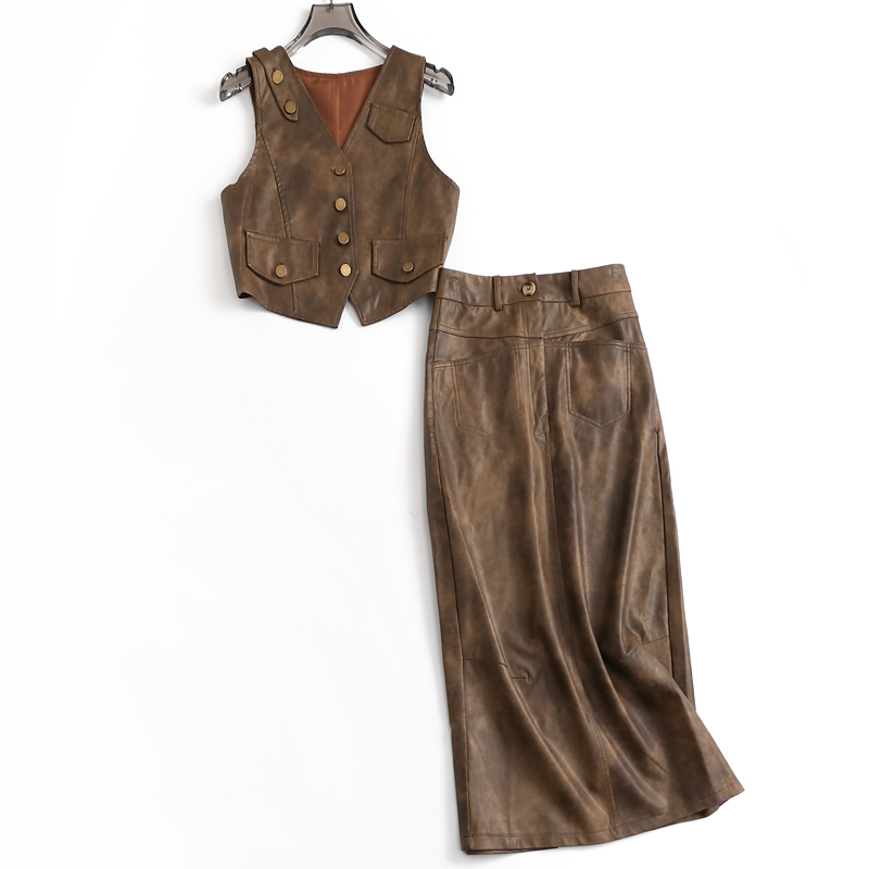 PU皮马甲背心高腰长裙时尚套装女