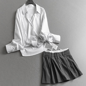 撞色条纹宽松扭褶翻领长袖 V502 套装 女衬衫 可配一整套半身短裙时尚