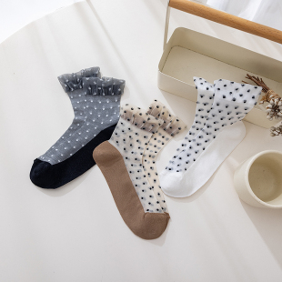 波点水晶玻璃丝袜子女花边短袜夏季 棉底中筒袜隐形短筒袜D367 薄款