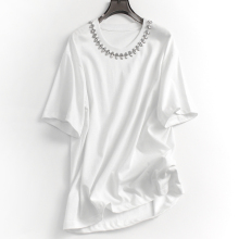 白色宽松显瘦遮肉镶钻圆领简约百搭夏季新款休闲短袖女T恤衫N936