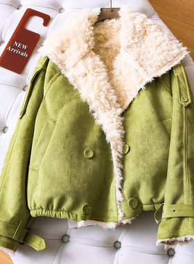 绿色麂皮绒皮毛一体仿羊羔毛加厚保暖棉服冬季新款长袖女外套Q217