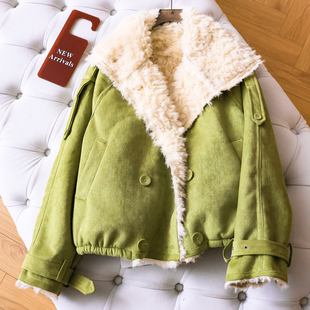 女外套Q217 长袖 绿色麂皮绒皮毛一体仿羊羔毛加厚保暖棉服冬季 新款