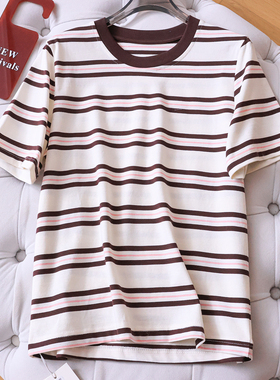 撞色条纹休闲版型显瘦圆领柔软舒适2026夏新款百搭短袖女T恤W326