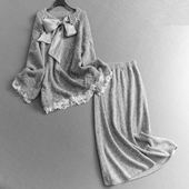 蝴蝶结系带珍珠装 饰宽松套头毛衣针织半身裙韩系一整套女套装 Q042