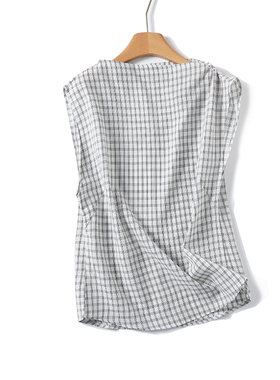 白色格纹法式通勤垂褶领收腰上衣2025夏季新款短袖百搭衬衫女Z765
