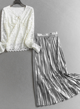 蝴蝶结系带V领长袖蕾丝衫可配一整套风琴褶半身裙女两件套装W025