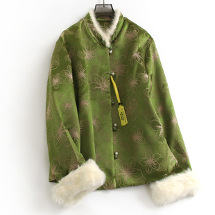 绿色缎面提花毛毛立领加厚保暖新中式 外套女棉衣棉服J371 国风长袖