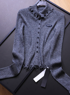 设计感不规则毛边高领弹力毛衣开衫2025秋季新款长袖女针织衫B607