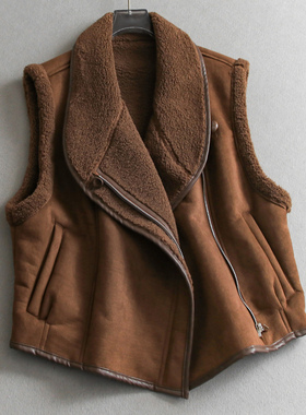 复古拼皮包边翻领斜门襟仿羊羔绒加厚保暖马甲皮草外套女马夹M579