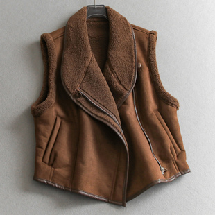 复古拼皮包边翻领斜门襟仿羊羔绒加厚保暖马甲皮草外套女马夹M579