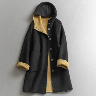 撞色拼接连帽双面呢羊毛混纺长款 女毛呢外套M630 大衣气质优雅长袖