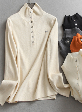 金属扣半开领立领弹力修身纯色套头针织衫长袖内搭打底毛衣女Q599