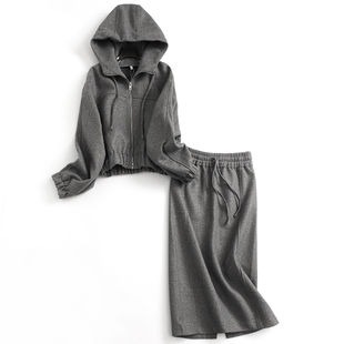 灰色极简欧美风宽松遮肉显瘦连帽长袖 M352 短外套半身裙女可配套装