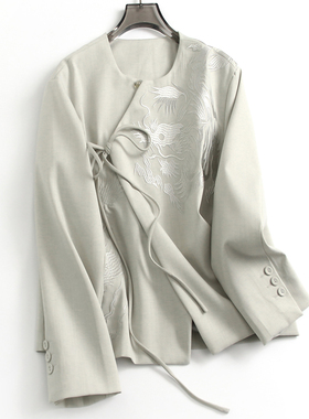 万针刺绣高级感新中式国风宽松显瘦圆领系带门襟长袖女短外套M920