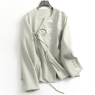 万针刺绣高级感新中式 女短外套M920 国风宽松显瘦圆领系带门襟长袖