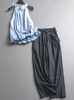 蓝色条纹蝴蝶结系带挂脖无袖花苞型衬衫可配一整套长裤女套装Z836