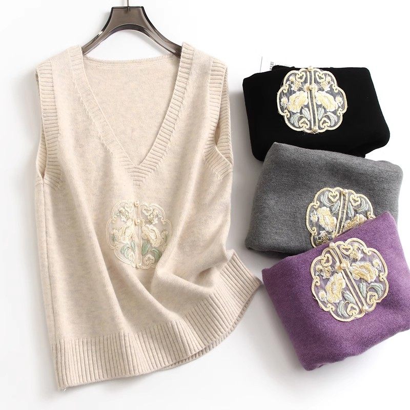 复古刺绣纽扣装饰新中式国风V领宽松叠穿无袖针织毛衣女马夹M637,女装/女士精品,马夹,淘宝优惠券,粉丝福利购,淘宝优惠卷