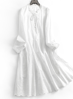 重工蝴蝶结刺绣甜美小个子花边领白色纯棉a字裙长袖女连衣裙K224