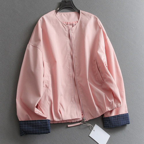 撞色格纹翻边长袖花苞型休闲外套