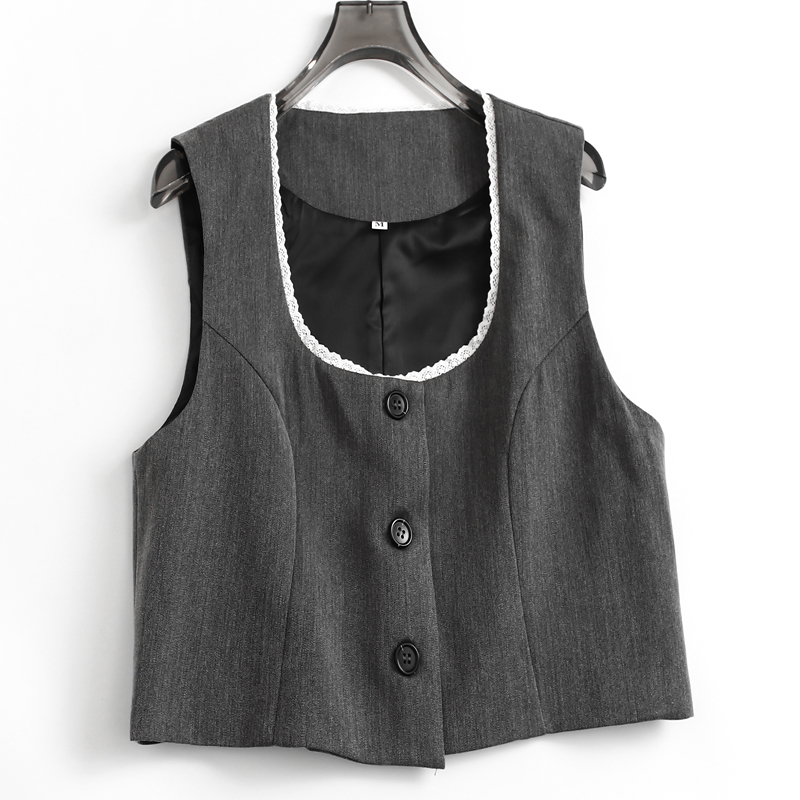 撞色蕾丝花边U型领显瘦修身马夹