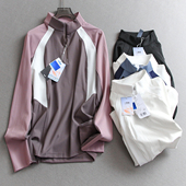 吸湿速干户外运动撞色拼接立领半拉链套头修身 弹力长袖 T恤女Q266