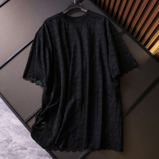 宽松中长款 短袖 圆领罩衫 新款 蕾丝女T恤L748 2025夏季 纯色镂空薄款