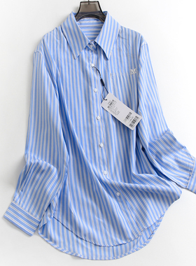 蓝白条纹宽松显瘦翻领单排扣秋季新款长袖百搭时髦休闲女衬衫D837