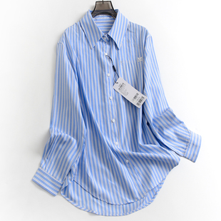 百搭时髦休闲女衬衫 长袖 D837 新款 蓝白条纹宽松显瘦翻领单排扣秋季