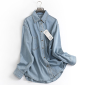 X760纯色口袋宽松翻领单排扣秋季 衬衣 百搭牛仔女衬衫 新款 2023长袖