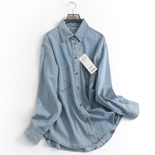 X760纯色口袋宽松翻领单排扣秋季新款2023长袖百搭牛仔女衬衫衬衣