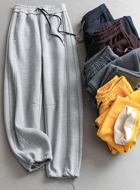 加绒加厚！蓄热锁温！仿羊羔绒内里纯色松紧腰卫裤女休闲长裤M348