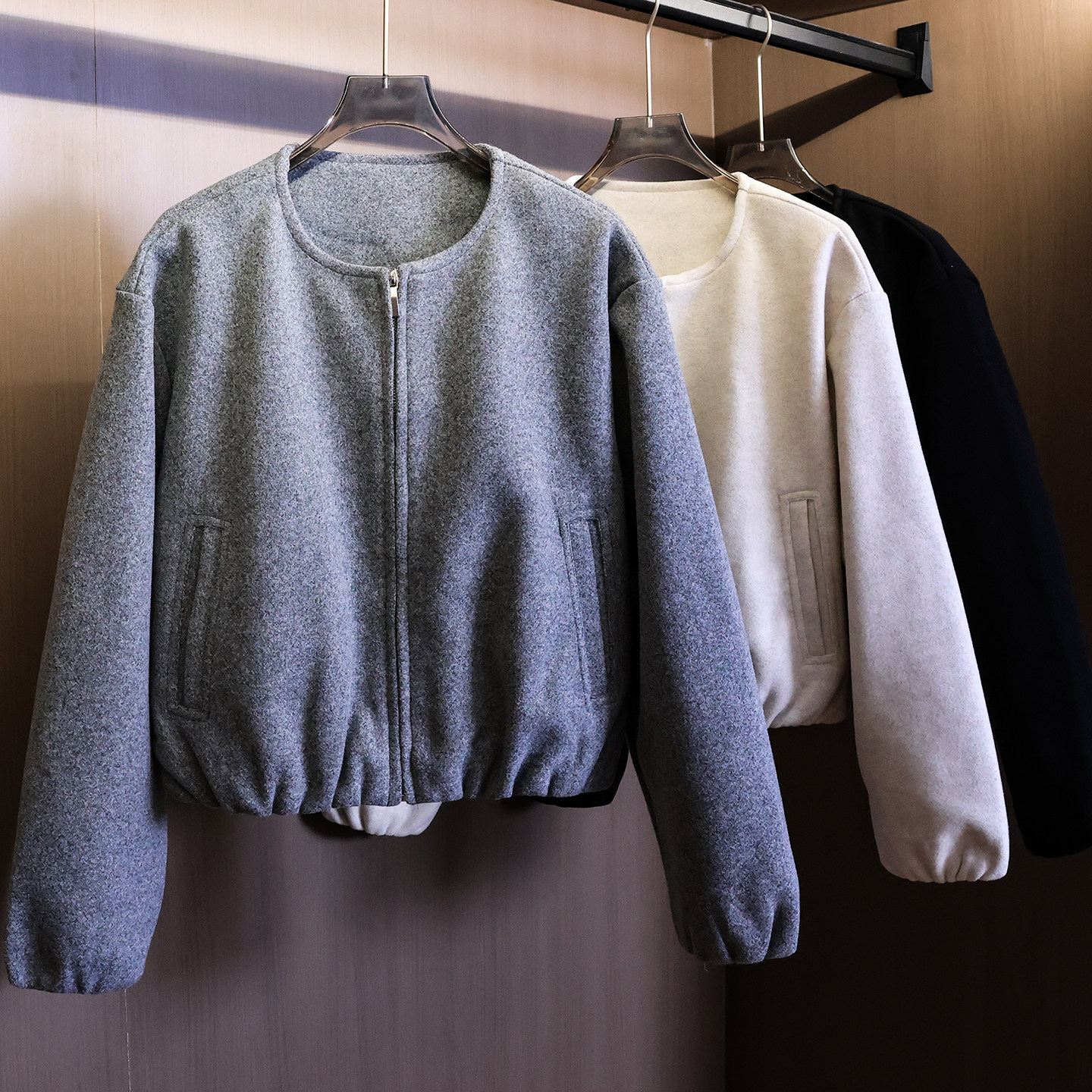 纯色宽松显瘦圆领拉链飞行员夹克2025秋季新款长袖女毛呢外套B268,女装/女士精品,毛呢外套,淘宝优惠券,粉丝福利购,淘宝优惠卷