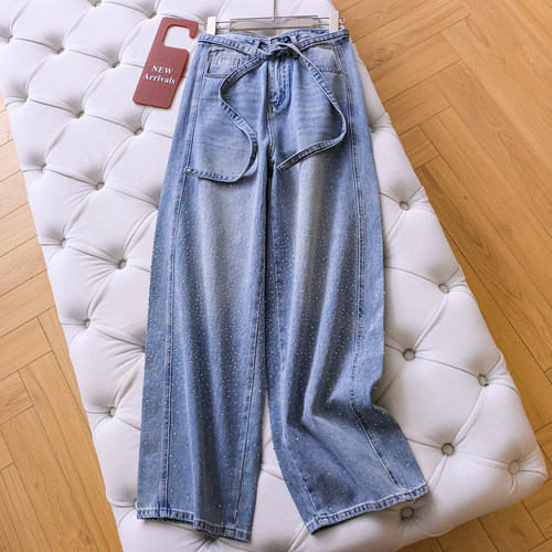蓝色系带重工烫钻宽松阔腿牛仔裤