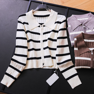 M353 百搭女针织衫 撞色条纹双向拉链门襟显瘦POLO领毛衣开衫 长袖