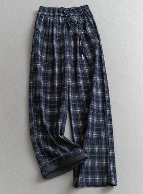 温暖舒适加绒加厚复古格纹宽松直筒裤显腿长阔腿裤女裤休闲裤Q305