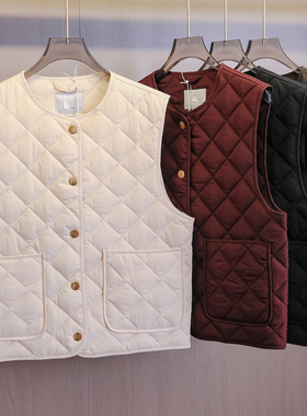 纯色方格绗缝宽松显瘦圆领口袋无袖保暖背心轻薄内搭女装马夹Q426