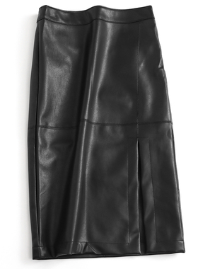 C848开叉皮裙半身裙女秋冬新款长裙高腰显瘦中长款时尚A字包臀裙