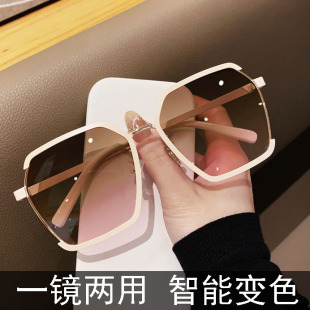 变色近视太阳镜女金属框浅色眼镜圆脸时尚 街拍墨镜男防紫外线 韩版