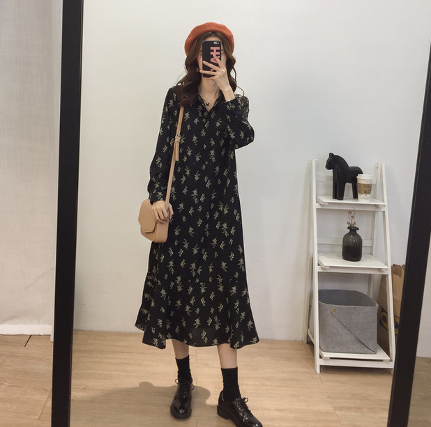 Temperament retro stand collar small floral loose Ruffle chiffon dress women's skirt